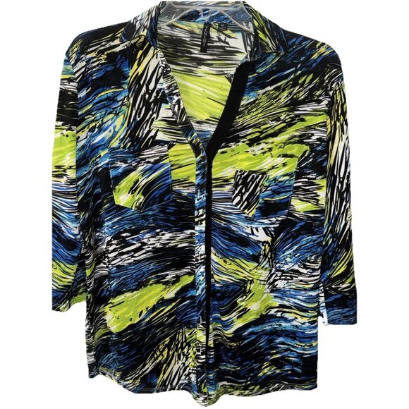 Venini Green Blue Graffiti Button Down Blouse Size Medium - Picture 2 of 5